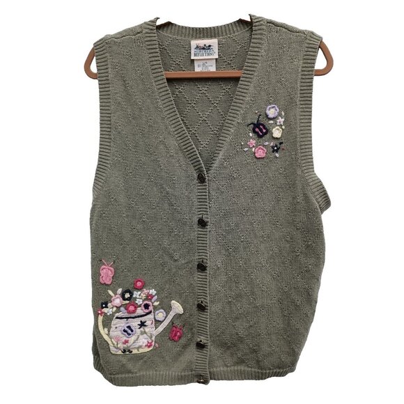 VTG 90s Northern Reflections Womens Sweater Vest Large Green Embroidered Cottage - Picture 1 of 7